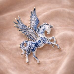 Porcelain Pegasus Blue White Brooch